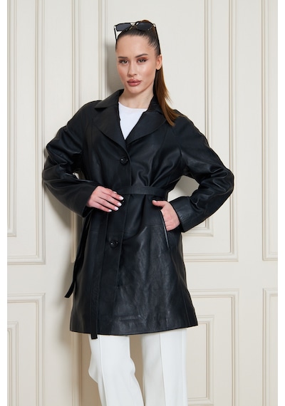 M M Marki Marki Kadın Hakiki Deri Trençkot Siyah, V Yaka, Kuşaklı, Düğme Kapamalı, Oversize, 90 Cm - 117122