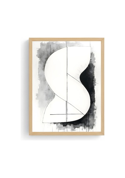 Doğal Ahşap Çerçeveli Soyut Minimalist Tablo - Siyah-beyaz Huhu1222
