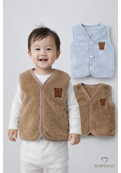 Babyden's 2 Li Welsoft Yelek Seti Erkek Bebek & Çocuk Peluş Yumuşak Kışlık Bebek Yeleği, Çıtçıtlı Kahverengi - Mavi