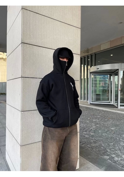 Samuray Kapşonlu Zıp Fermuarlı Kapşonlu Sweatshirt - Siyah Siyah