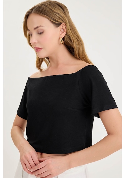 Vitrin Kayık Yaka Crop Bluz Siyah