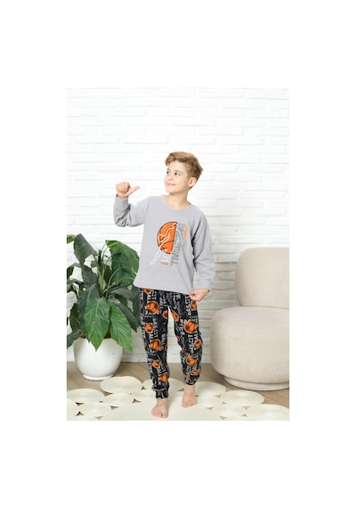 Yeni Stil Sonbahar/kış Erkek Çocuk Basketball Desenli Polar Pijama Takımı 4562 Gri