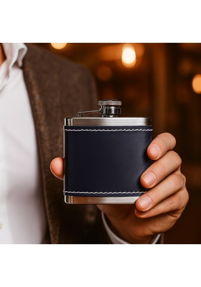 Perlotus 5 Oz-150 Cc Hunili Lacivert Premium Deri Kılıf Çelik Viski İçki Konyak Matarası Sevgililer Günü