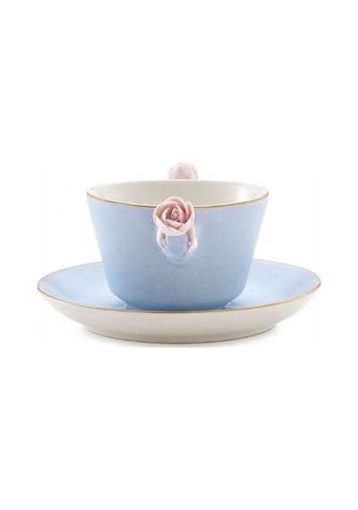Villari Baby Blue-pink Çay Fincanı & Tabağı İtalyan El Yapımı Porselen, Lüks Koleksiyon Mavi