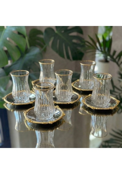 12 Parça 6 Kişilik Kristal Kesim Çay Takımı Cam Çay Bardağı Ve Tabak Seti Eco Gümüş