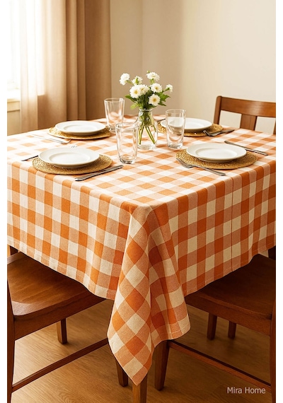 Mira Home Kareli Masa Örtüsü Sofra Bezi 160x160 Cm Happytime Turuncu