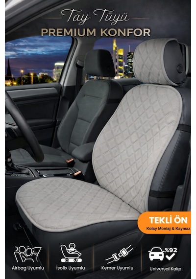 Oto Koltuk Kılıfı Tay Tüyü Tekli Ön Minder 4 Katmanlı Terletmez Airbag Uyumlu - Gri