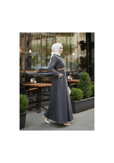 Hb Harma Time Butik Kadın Düğmeli Kemerli Denim Kot Siyah Elbise Siyah Siyah
