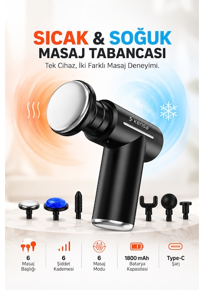 Masaj Tabancası Sıcak & Soğuk 6 Kademeli 6 Başlıklı Şarjlı Masaj Seti Siyah