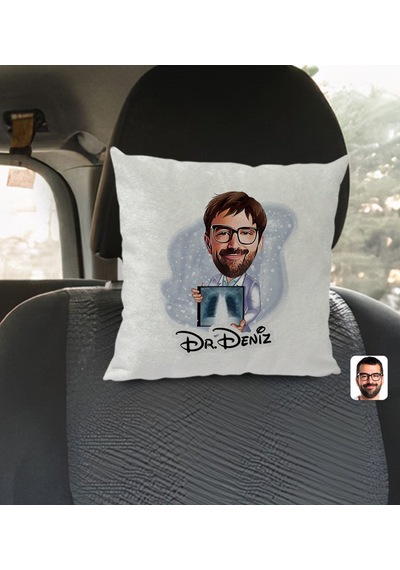 Bk Gift Kişiye Özel İsimli Erkek Radyolojist Karikatürlü Kare Araç Koltuk Yastığı-1 Çok Renkli