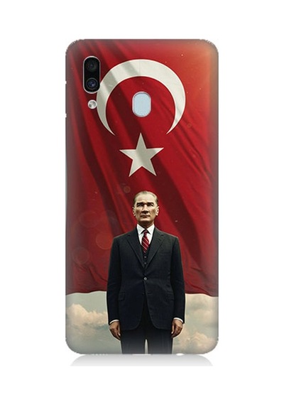 Samsung Galaxy A20 Uyumlu Bayrak Önünde Güçlü Atatürk Desenli Silikon Kılıf Çok Renkli