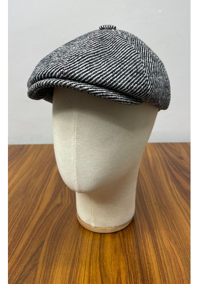 Hamze Peaky Blinders Model İngiliz Tarz Kaşe Kumaş Çizgili Kasket Şapka Siyah