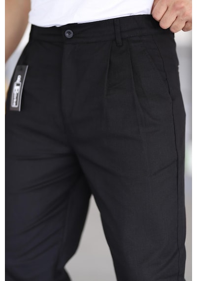 Bürke Çift Pileli Siyah Renk Beli Yarım Lastikli Kaliteli Rahat Kesim Keten Baggy Pantolon