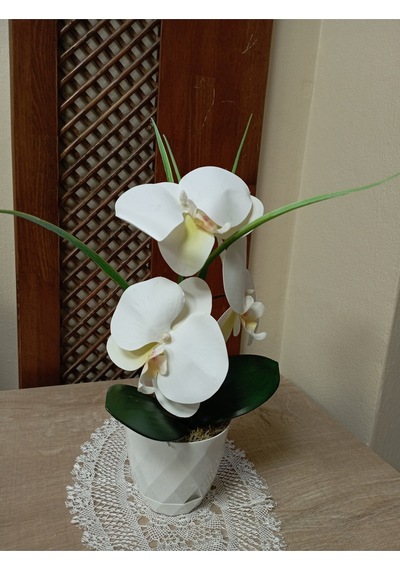3 Kandilli Beyaz Islak Orkide Elegans Masaüstü Yapay Aranjman 30 Cm