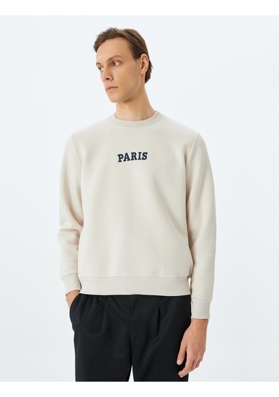 Koton Bisiklet Yaka Pamuk Karışımlı Şardonlu Slogan İşlemeli Sweatshirt Bej 5wam70234mk Ekru