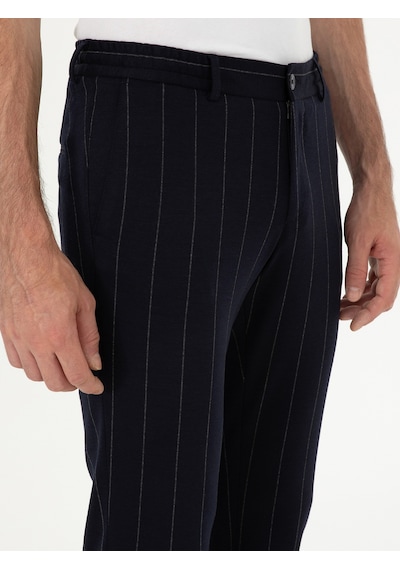 Cacharel Koyu Lacivert Slim Fit Yün Karışımlı Çizgili Pantolon