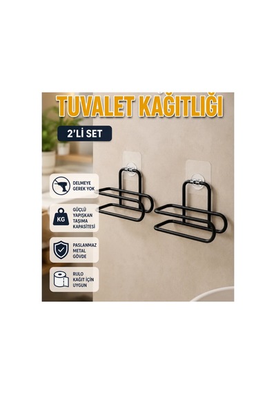 Siyah Metal Yapışkanlı Tuvalet Kağıtlığı 2 Li Rulo Tutucu Renkli