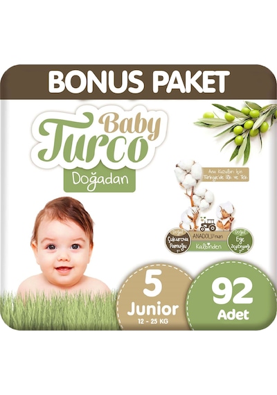 Baby Turco Doğadan Bonus Paket Bebek Bezi 5 Beden 92 Adet