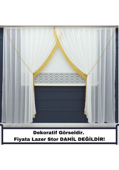 Kruvaze Spor Tül Perde - Gold Püsküllü - Kırık Beyaz Tül Perde - Kordon Hediyeli