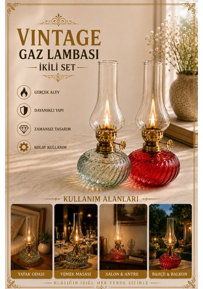 Vintage Gaz Lambası İkili Set Dekoratif Nostaljik Cam Gaz Lambası Kırmızı & Şeffaf