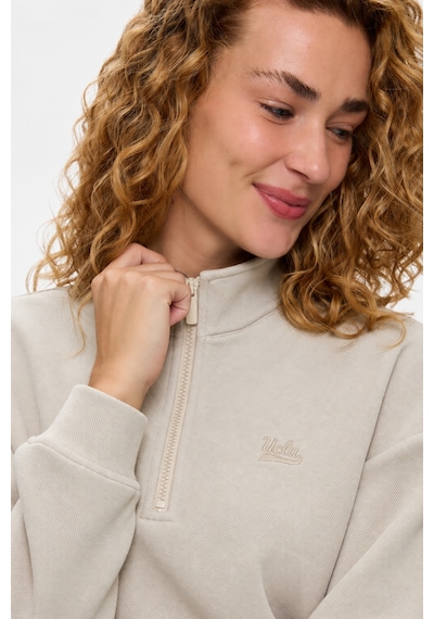 UCLA Ruelle Kemik Rengi Yarım Fermuarlı Nakışlı Pamuklu Loose Fit Kadın Pike Sweatshirt