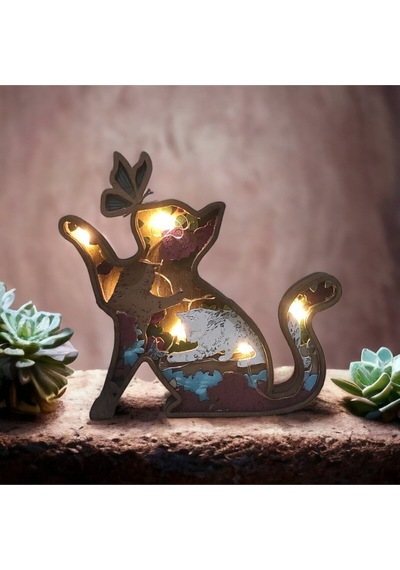 Dekoratif 3d Kedi Figürlü Işıklı Masa Süsü Biblo