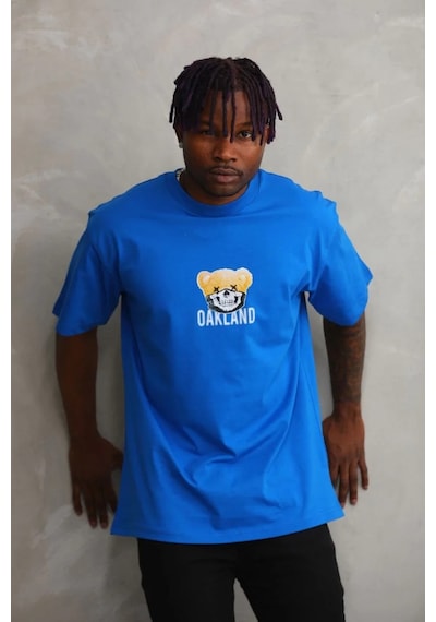 Erkek Baskılı T-shirt Kısa Kol Bisiklet Yaka Rahat Kalıp Tişört - Mavi Mavi