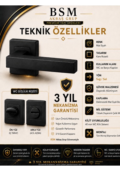 Mat Siyah Kare Rozetli Wc Banyo Kapı Kolu Alüminyum Yapı Modern Tasarım