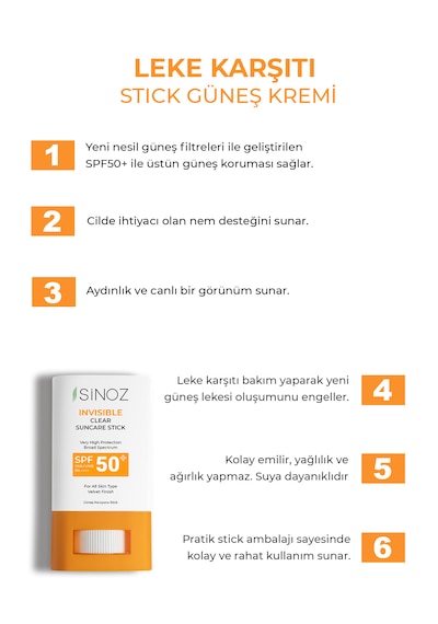 Sinoz Nemlendirici ve Yatıştırıcı Yüksek Korumalı Şeffaf Stick Güneş Kremi SPF50+ 15 G