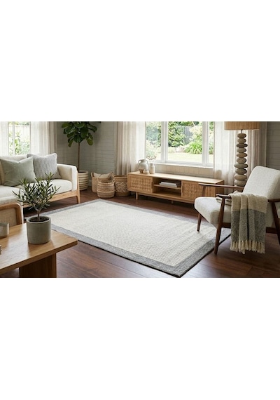 Derin Sisal Gri Çerçeveli Krem Zemin Jüt Sisal Dekoratif Kaymaz Taban Yıkanabilir Halı St06-980 Renkli