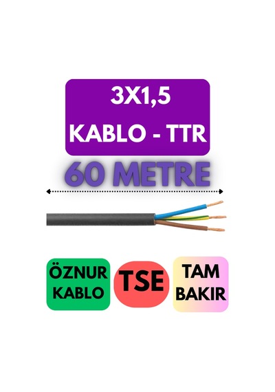 Öznur 3x1,5 Ttr Kablo Metre Seçenekli Siyah - 60 Metre
