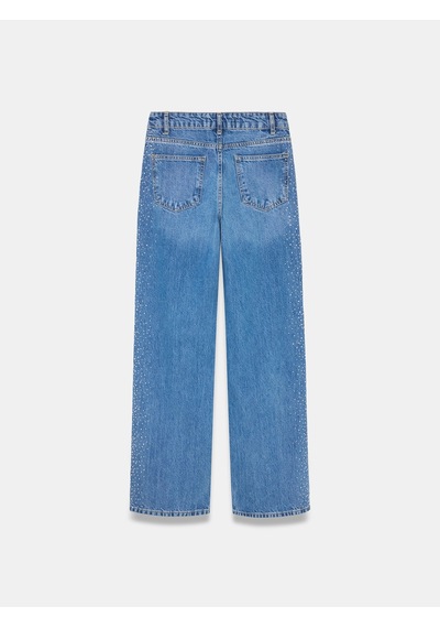 Dilvin 72365 Lyocell Karışımlı Taşlı Wide Leg Jean-mavi