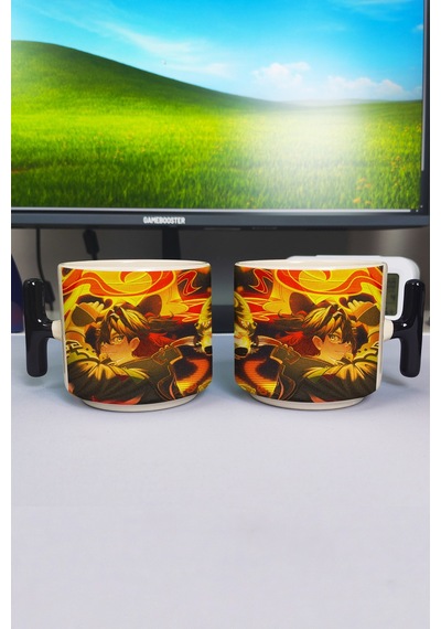 Gaming Genshin İmpact Baskılı Seramik Lüks Kupa 1 Adet T Şeklinde Özel Siyah Kulp Dalga Kulp V3t Çok Renkli