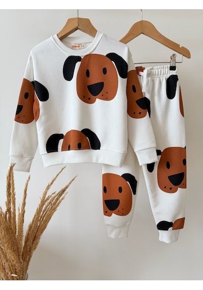 Magu Çocuk Pamuklu Köpek Desenli Ekru Sweatshirt Ve Eşofman Altı Takımı Çok Renkli