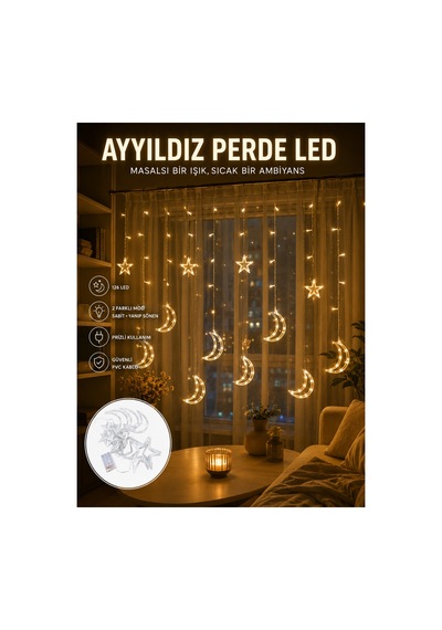 Yıldız Ve Ay Figürlü Prizli Perde Led Işık Romantik Ortam Aydınlatması Yeni Nesil Diğer Diğer