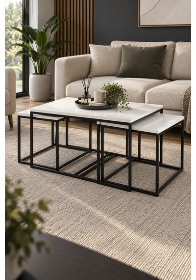 Sulorahome 4'lü Beyaz Orta Sehpa Ve Zigon Sehpa Seti Metal Ayaklı