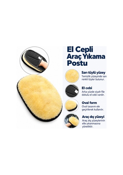 Buffer Sarı El Cepli Araç Yıkama Ve Parlatma Postu, Siyah File Cepli Oval Oto Temizlik Eldiveni, Tüylü Yüzeyli Araç Dış