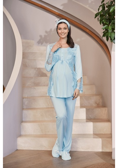 Mecit Pijama Mecit 5015 Kadın Hamile Lohusa Turkuaz Dantelli Pijama Takımı 001