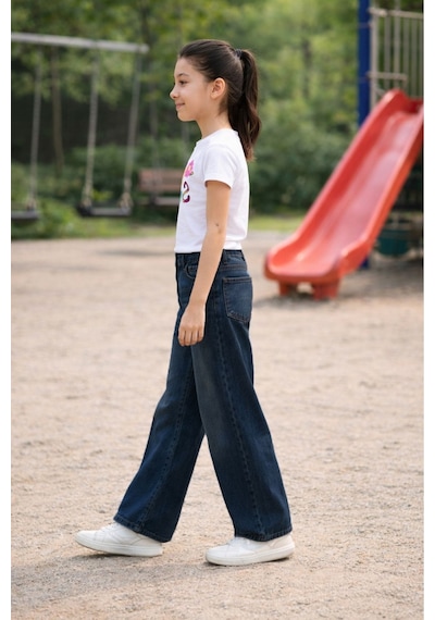 Cedy Denim Cedy Denım Yüksek Kalite Kız Çocuk Yüksek Bel %100 Cotton Palazzo Jean Pantolon Koyu Mavi
