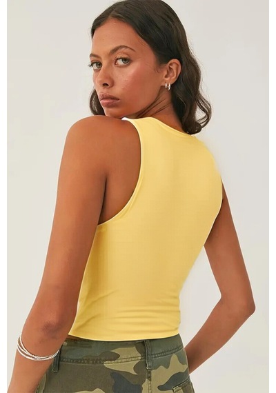 Tarz Cool Kadın Atlet Düz Basic Crop Kolsuz T-shirt Açık Sarı