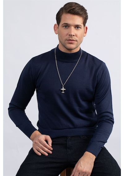 Tudors Slim Fit Dar Kesim Yarım Balıkçı Yaka Düz Erkek Kazak-23123 Lacivert