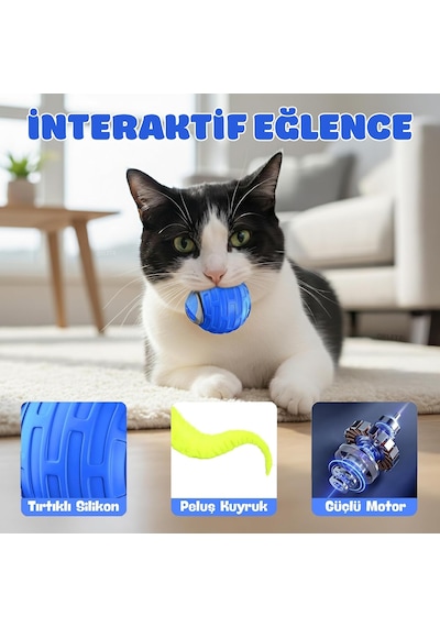 Akıllı Kedi Oyun Topu - Otomatik Yuvarlanan İnteraktif Kedi Oyuncağı - Şarj Edilebilir Evcil Hayvan Oyun Arkadaşı - Farklı Hız Ve Oyun Modları - Led Işıklı - Tüylü Kovalama Kuyruğu Mavi