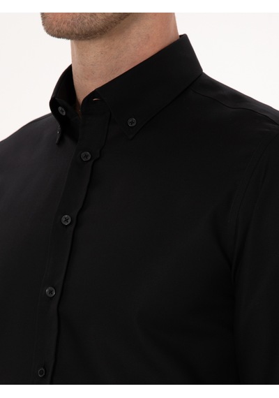 Cacharel Siyah Slim Fit %100 Pamuk Yakası Düğmeli Oxford Gömlek