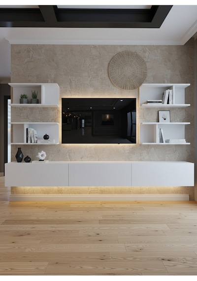 Resital Ledli Duvara Monte Tv Sehpası - Beyaz - W6010-1 Beyaz