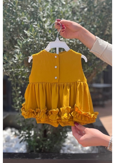 Bertuğ Bebek Hardal Alt Üst Kız Çocuk Bebek Pamuklu Şort Bluz Takım 001