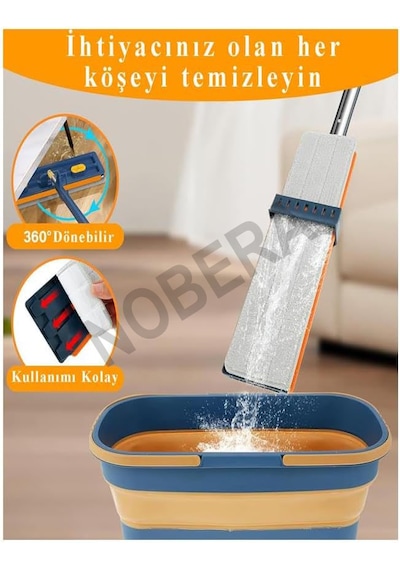 Nobera Mop Ve Kova Seti Tekerlekli, Katlanabilir, Dar Alanlara Uygun +1 Yedek Bezli Kendinden Sıkmalı