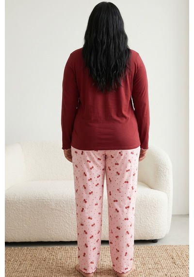 Siyah İnci Pamuklu Likralı Büyük Beden Battal Boy Örme Pijama Takım 26240895 Bordo
