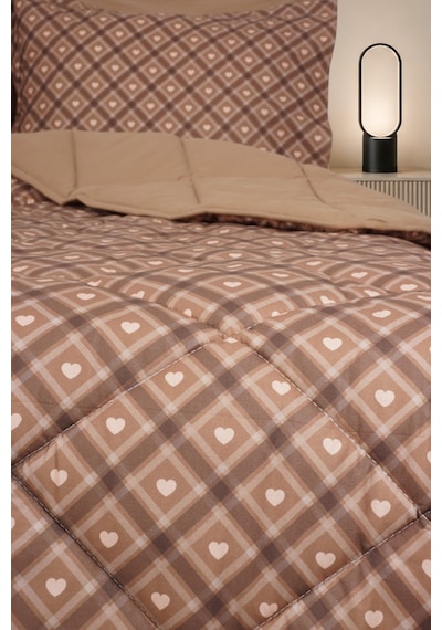 Heart Luxe Çift Kişilik Kalp Desenli Premium Uyku Seti Çeyiz Seti Çeyiz Takımı Lastikli Çarşaflı %100 Pamuk Kahverengi