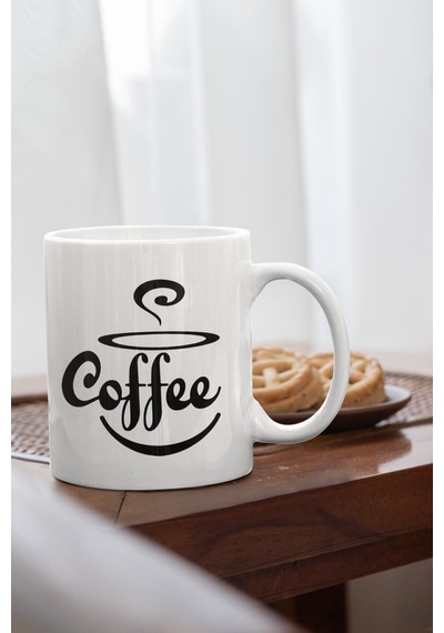 Coffee Baskılı Porselen Kupa Bardak Beyaz