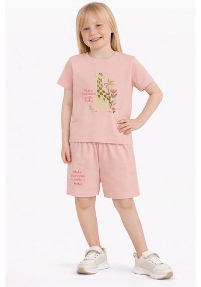 Name Baby & Kids Kız Çocuk Şortlu Yazlık Pijama Takımı Zürafa Temalı Nbk-6145 Pudra